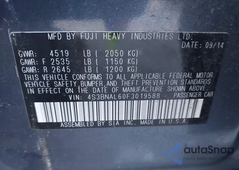 2015 Subaru Legacy 2.5I Limited z USA, uszkodzony, nr VIN 4S3BNAL60F3019588